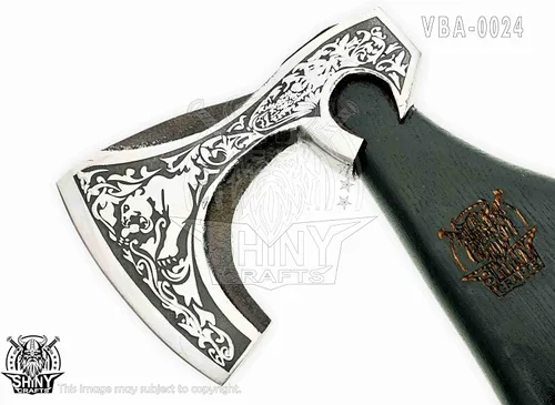 Miniatura 5 de Hacha de camping Tomahawk Hacha barbuda vikinga hecha a mano con mango de madera de fresno, regalos vikingos para hombres con funda de cuero