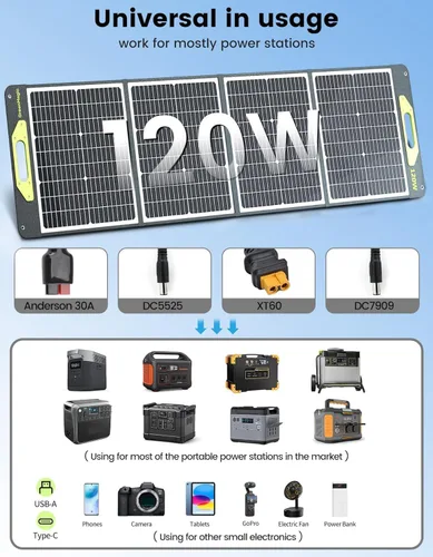 Miniatura 3 de Greenmagic Panel Solar Portátil de 120W 19V, Kit de Paneles Solares Plegables de 120W con Soportes Ajustables, Impermeable IP65 para Camping