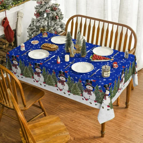 Miniatura 2 de Horaldaily - Mantel de Navidad rectangular de 52x70 pulgadas, diseño de muñeco de nieve y árboles azules, mantel lavable de temporada