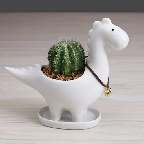 Miniatura 9 de Cabilock Maceta de cerámica de dinosaurio con bandeja de drenaje, adorable maceta para suculentas para decoración de escritorio de jardín