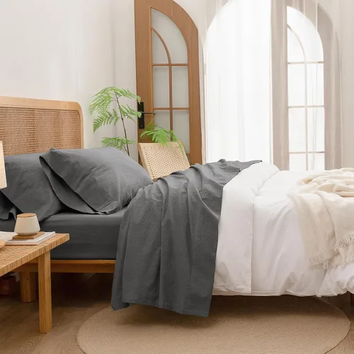Miniatura 13 de BESTOUCH Juego de sábanas 100% algodón lavado, tacto súper suave, cómodo, elegante, ligero, juego de ropa de cama de 4 piezas, lino sólido, gris