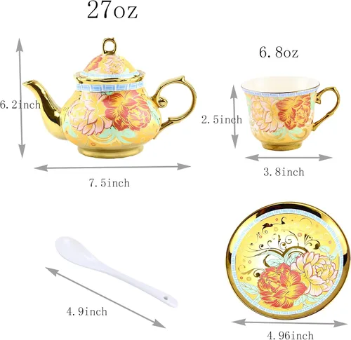 Miniatura 6 de Juego de té de porcelana de 20 piezas con soporte de metal, juego de té de cerámica europeo para adultos, juego de té de flores, juego de té