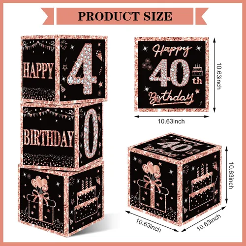 Miniatura 2 de Eiurteao Cajas de 3 piezas de decoraciones de cumpleaños número 40 para mujeres, cajas de globos de cumpleaños número 40 en oro rosa, suministros