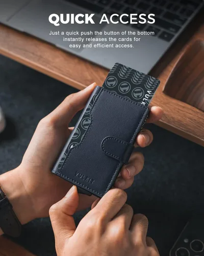 Miniatura 2 de VULKIT Cartera desplegable con ranuras de cuero, bloqueo RFID, funda de metal delgada para tarjetas