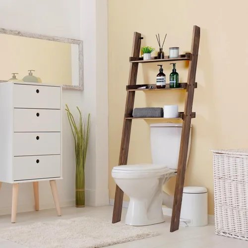 Miniatura 2 de MyGift Estante decorativo de madera maciza quemada rústica de 5.5 pies de alto sobre el inodoro, organizador de baño de 3 niveles, estantes