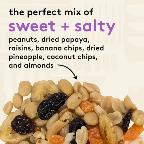 Miniatura 4 de Snak Club Tropical Trail Mix con cacahuetes, papaya seca, pasas, chips de plátano, piña seca, chips de coco y almendras, aperitivo sin gluten