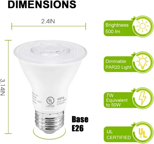 Miniatura 2 de Bombilla LED Par20 de 7 W (equivalente a 50 W), con certificación UL, 2700 K, luz blanca ultra cálida regulable, 500 lúmenes, base E26, iluminación