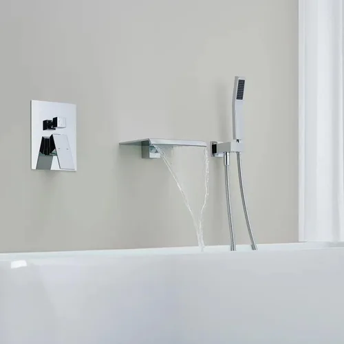 Miniatura 5 de Wowkk Grifo de Bañera de Montaje en Pared Relleno de Tina Cascada Grifo de Bañera Cromado Grifo de Baño de Latón de Una Sola Manija con Ducha de Mano