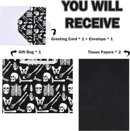 Miniatura 3 de WRAPAHOLIC Bolsa de regalo grande de esqueleto de Halloween con papel de seda y tarjeta, 10 x 5 x 13 pulgadas, bolsa de papel de esqueleto