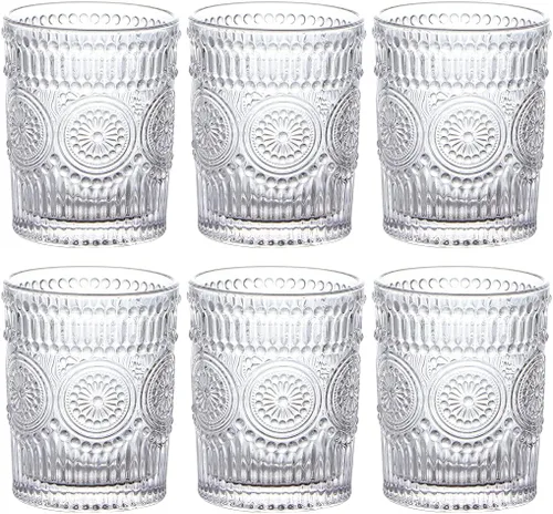 Miniatura 8 de MDLUU Vasos de agua en relieve, cristalería romántica, vasos de beber vintage, vasos de vidrio para jugo, bebidas, cóctel, capacidad de 12.5 onzas