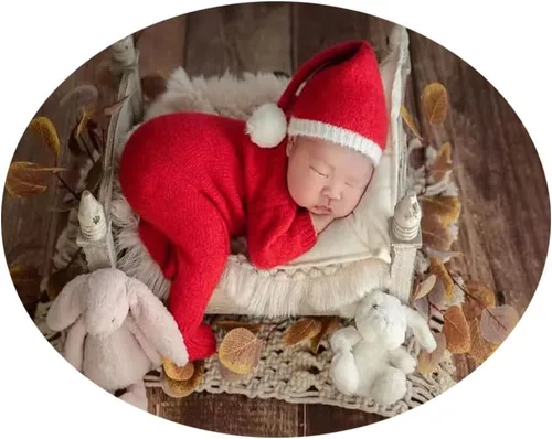 Miniatura 24 de Ropa de Navidad para recién nacido, accesorios para sesión de fotos, ropa de ganchillo, pantalones de sombrero rojo de Papá Noel, accesorios