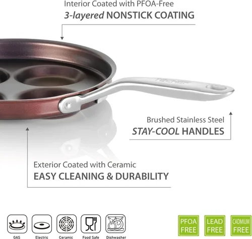 Miniatura 6 de TECHEF - Sartén para huevos antiadherente, sartén de aluminio Plett, sartén para 4 huevos para el desayuno perfecto, panqueques, hamburguesas y más