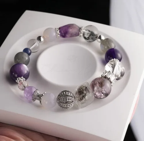 Miniatura 80 de Precious Gemstone Natural Crystal Healing Bracelet, Rutilated Quartz, Moonstone, Quartz Handmade Original Design Bracelet