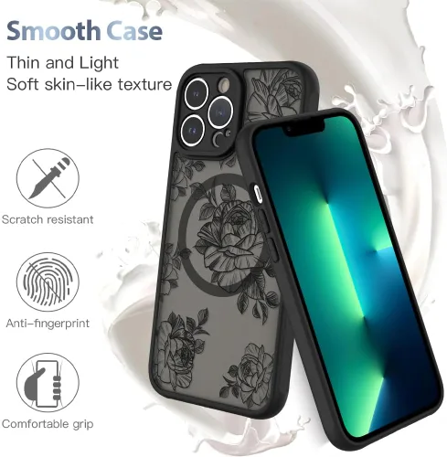 Miniatura 5 de AIGOMARA Funda para iPhone 13 Pro Max [compatible con MagSafe] Diseño de patrón floral de flores negras para mujeres y niñas, TPU suave, parte