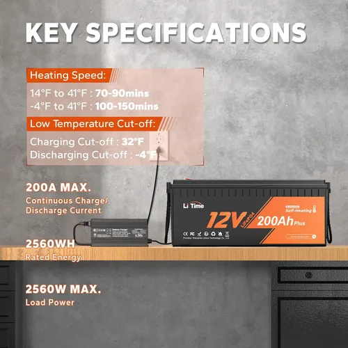 Miniatura 3 de Litime 12V 200Ah Plus Batería de litio LiFePO4, autocalentamiento y baja temperatura, 2560Wh de energía, BMS de 200A incorporada, más de 4000 ciclos