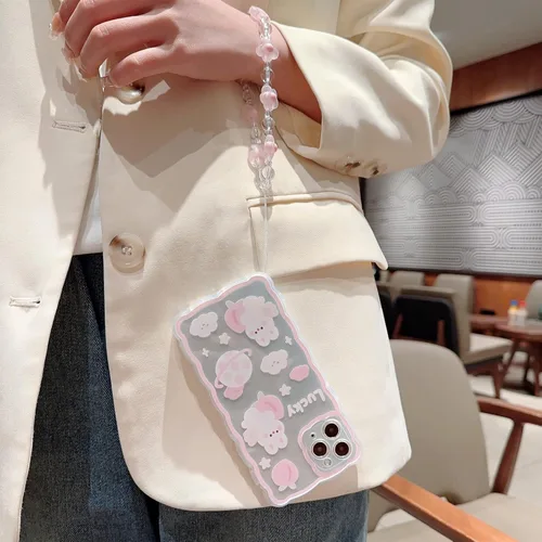 Miniatura 5 de Funda compatible con iPhone 11 Pro Max, bonito patrón de conejo melocotón de dibujos animados con bonito diseño de cadena para mujeres y niñas