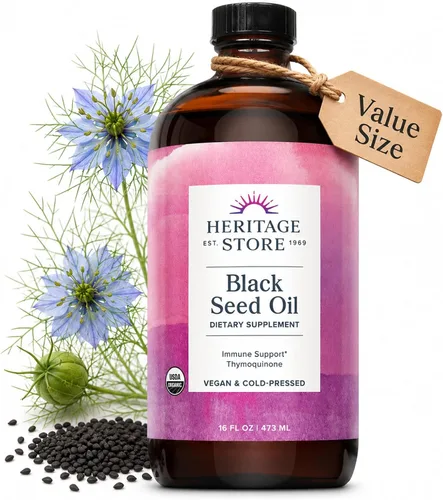 HERITAGE STORE Aceite de semilla negra, orgánico, prensado en frío, suplemento de Nigella sativa con timoquinona, Omega 3 6 9, antioxidante,
