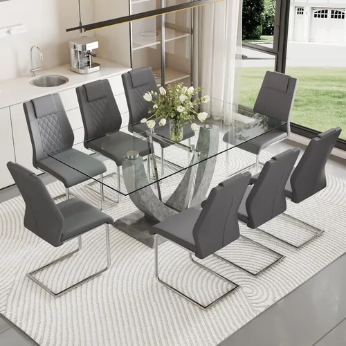 Miniatura 8 de Juego de mesa de comedor de cristal para 6, juego de mesa de cocina de 7 piezas con 6 sillas, mesa de vidrio templado de 71 pulgadas con sillas