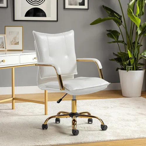 Miniatura 13 de HULALA HOME Silla de escritorio de piel sintética para oficina en casa, silla giratoria ajustable para computadora con patas y brazos dorados, Patas