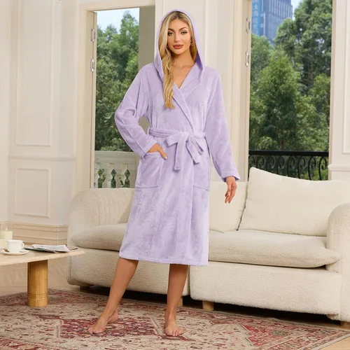 Miniatura 42 de HEARTNICE Bata de forro polar con capucha para mujer, bata de baño suave para mujer, bonito abrigo largo para casa