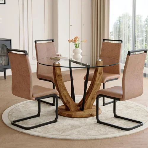 Miniatura 10 de 5-Piece Round Glass Dining Table Set for 4, 48” Modern Dining Room Table with Wood Grain Base, Brown Suede Upholstered Chairs with Black Metal Legs