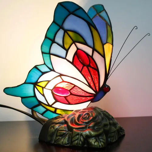 Miniatura 6 de Pequeña lámpara de mesa Tiffany de vidrio manchado Lámpara de escritorio de mariposa de 7X5X9.8 pulgadas Luz de acento antigua