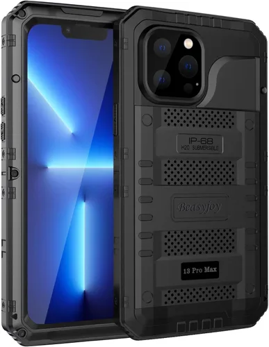 Miniatura 30 de Beasyjoy - Funda impermeable para iPhone 13 Pro, carcasa de metal con protector de pantalla integrado, carcasa protectora de cuerpo completo de Negro