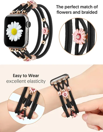 Miniatura 2 de TOYOUTHS - Pulsera floral compatible con Apple Watch de 42/41/40/38mm para mujer, correa elástica trenzada de cuentas boho, delgada y elegante
