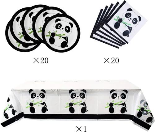 Miniatura 5 de Suministros para fiestas de pandas, 20 platos, 20 servilletas y 1 mantel