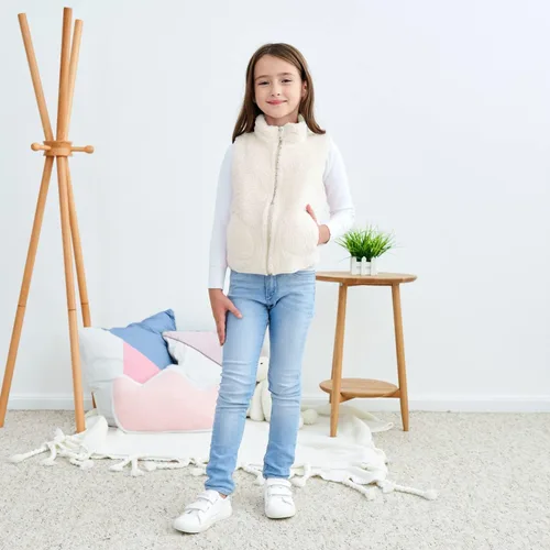 Miniatura 2 de JESKIDS Chaleco de forro polar Sherpa para niñas, ligero, color liso, linda chaqueta con bolsillos de 2 a 11 años