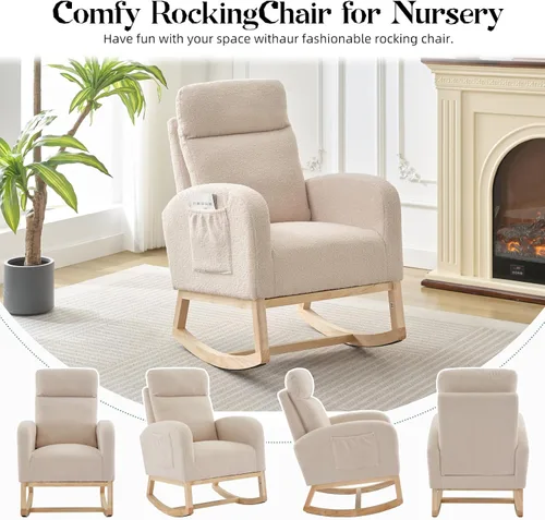 Miniatura 5 de IDEALHOUSE Mecedora para guardería, mecedora tapizada con respaldo alto y bolsillo lateral, cómoda silla de lactancia para lactancia, sillón