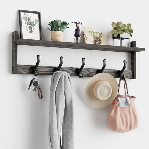 Miniatura 9 de Tatub Perchero de pared de 29 pulgadas con estante, ganchos de pared de madera con almacenamiento, estante de entrada con 5 perchas para baño, sala