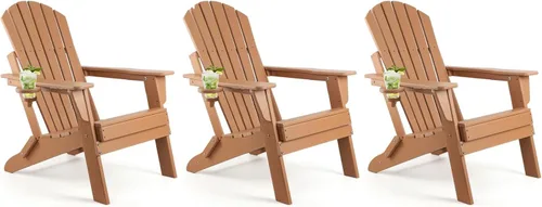 FUNBERRY Juego de 3 sillas plegables Adirondack para todo tipo de clima, sillas para hogueras de polietileno de alta densidad con soporte para tazas