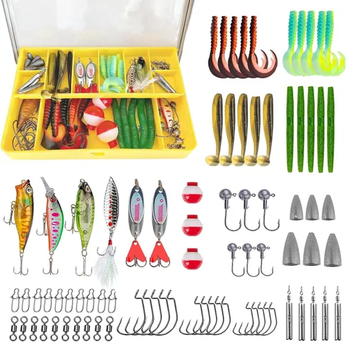 Kit de señuelos de pesca, kit de señuelos de lubina con caja de aparejos incluida, cebos de agua, cebos de natación, juego completo de equipo de