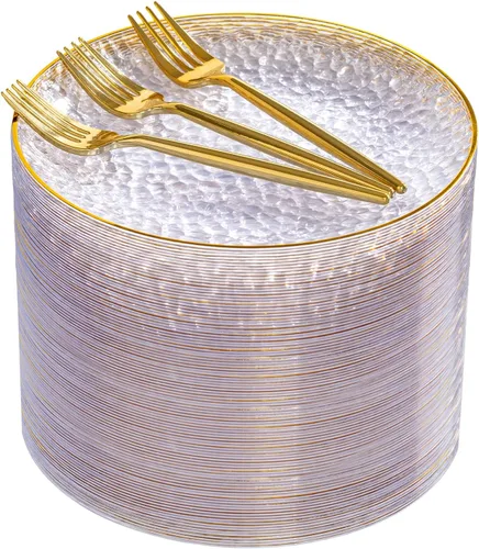 Miniatura 13 de DaYammi 240 platos de plástico negro que incluyen 120 platos de postre negros y 120 tenedores dorados, plato de fiesta martillado, platos