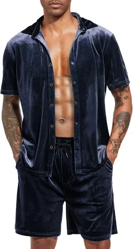 LecGee Conjunto de pantalones cortos casuales de verano para hombre, camisa de terciopelo de manga corta con botones, pantalones cortos de cintura
