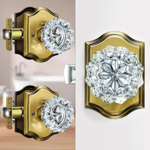 Miniatura 26 de Pomos de puerta de cristal para interiores, pomos de puerta de cristal de latón envejecido con cerradura para uso de privacidad, pomos de puerta