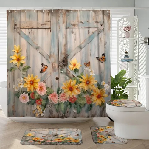 Miniatura 32 de Juego de baño estilo granja de 3 piezas con cortina de ducha y alfombras, cortina de ducha de 72'' y dos alfombras de baño antideslizantes lavables