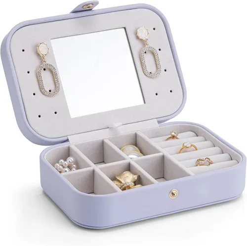 Vlando Pequeño organizador de joyero de viaje Joyas espejadas, collares, anillos, aretes, collar, estuche de almacenamiento para niñas, mujeres,