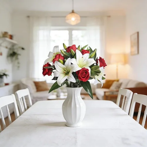 Miniatura 6 de HUAESIN Arreglos florales de seda, flores de lirio, ramo de rosas rojas artificiales de terciopelo para centros de mesa, mesas, decoración