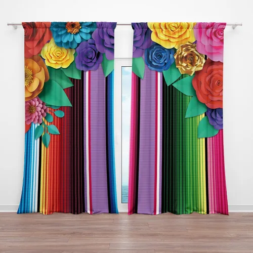 Cortina de ventana de papel con temática mexicana de 82 x 84 pulgadas, diseño de flores, rayas coloridas, festival, celebración, carnaval,