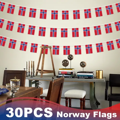 Miniatura 6 de Bandera de cuerda de Noruega, pequeña mini bandera de pendón noruego, bandera de guirnalda de Nordmann, decoración nacional del país para escuela
