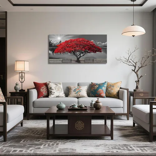 Miniatura 3 de Mofutinpo Arte de Pared de Árbol Rojo en Blanco y Negro Impresión en Lienzo Cuadro Paisaje de Árbol Rojo Grande Obra de Arte Moderna para Sala