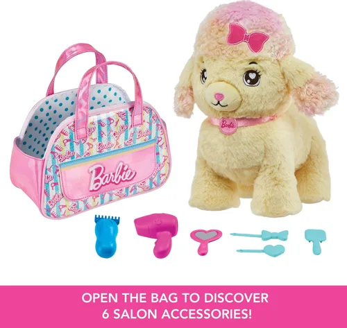 Miniatura 3 de Mattel Set de Juguetes de Peluche Barbie, Animal de Peluche Caniche Peluquero con Luces y Sonidos, Más Bolso Temático y 6 Accesorios, Aventura