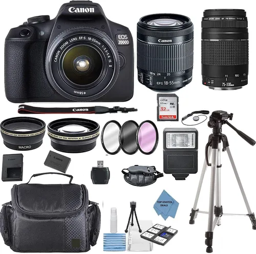 Canon EOS 2000D Rebel T7 Kit con lente EF-S 0.709-2.165 in f/3.5-5.6 III + lente Canon 75-300 + paquete de accesorios + paño de ofertas TopKnotch