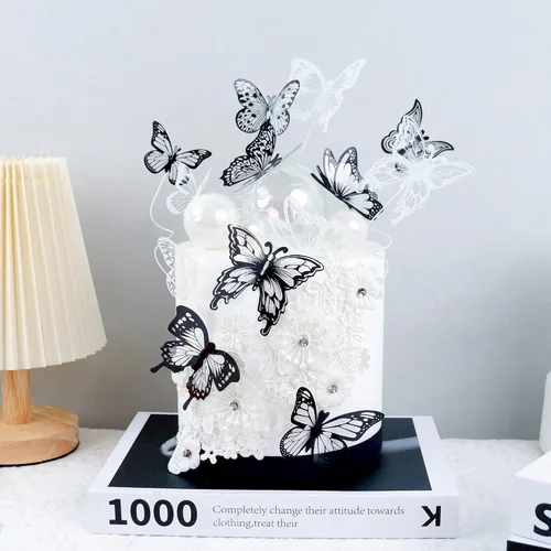 Miniatura 4 de Ercadio Paquete de 36 adornos de mariposa 3D para tartas de mariposa en blanco y negro de PVC para tartas de mariposa, estilo mixto, arte hueco