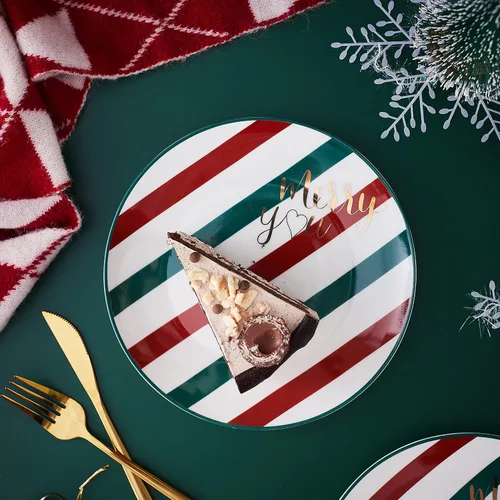 Miniatura 8 de Platos de Cena de Navidad de China Ósea - Platos de Postre - Platos de Ensalada Juego de 4, Apto para Lavavajillas (Rayado, 20.3 cm)