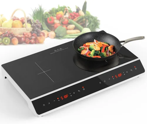 GIHETKUT Placa de cocción de doble inducción, 4000 W, 2 quemadores, placa de inducción con pantalla táctil LED, 10 niveles de ajustes con bloqueo de