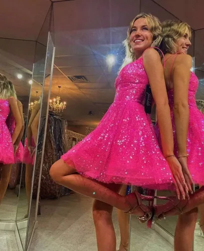 Miniatura 5 de Vestidos de fiesta de lentejuelas con tirantes delgados, brillantes, talla grande, vestidos cortos de graduación para mujer 2024