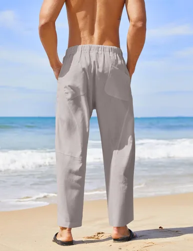 Miniatura 4 de COOFANDY Pantalones harén de lino con cordón para hombre, cintura elástica, ligeros, pantalones hippie, verano, playa, yoga